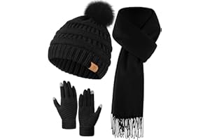 LOIYADN Winter Hat Gloves Scarf Set for Women, Fleece Lined Beanies, Long Scarf for Women and Touchscreen Winter Gloves Set