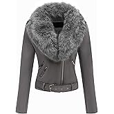 Bellivera Women Faux Leather Suede Jacket Moto Biker Coat Sherpa-Lined Overcoat with Removable Belt