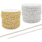 60 Feet Metal Iron Necklace Chains 3mm Bulk Curb Link Chain for Jewelry Making DIY Craft Supplies (Silver and Gold)
