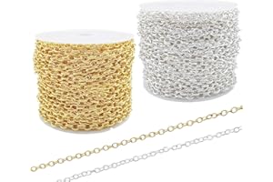KEIAOUE 60 Feet Metal Iron Necklace Chains 3mm Bulk Curb Link Chain for Jewelry Making DIY Craft Supplies (Silver and Gold)