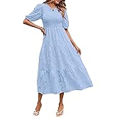 MEROKEETY Women's 2025 Summer Puff Sleeve Smocked Floral Dress Crewneck Lace Flowy Tiered Midi Dresses