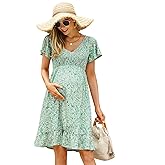 Coolmee Women's Maternity Short Sleeve Ruffle Dress V Neck Summer Casual Smocked Flowy Midi Dress for Baby Shower Photoshoot