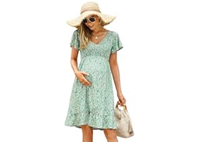 Coolmee Women's Maternity Short Sleeve Ruffle Dress V Neck Summer Casual Smocked Flowy Midi Dress for Baby Shower Photoshoot