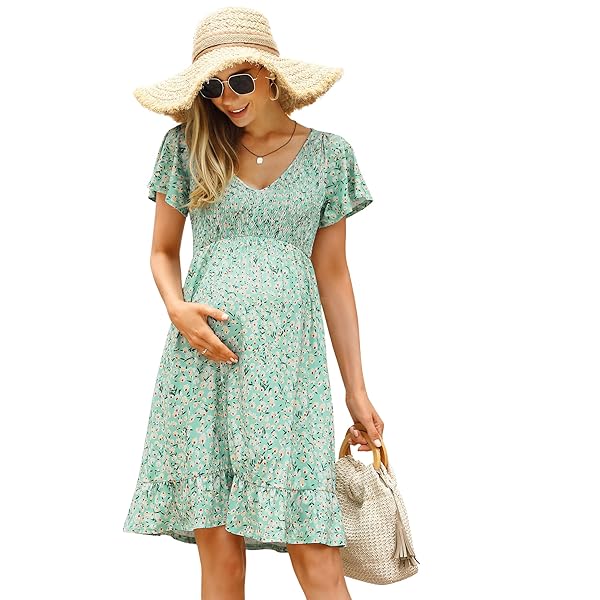 Pink Maternity Dress OUGES Women's Long Sleeve Maternity Dress - V Neck  Baby Shower & Photoshoot Dress With Pockets Maternity Dress Winter
