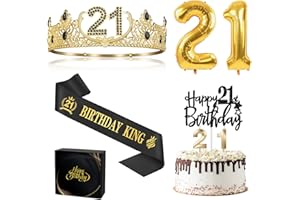 ASIJA 21st Birthday Gifts for Men Boys, 21st Birthday Decorations for Men, Party Decor Supplies Including King Crown & Sash & Balloons & Cake Topper & Candles