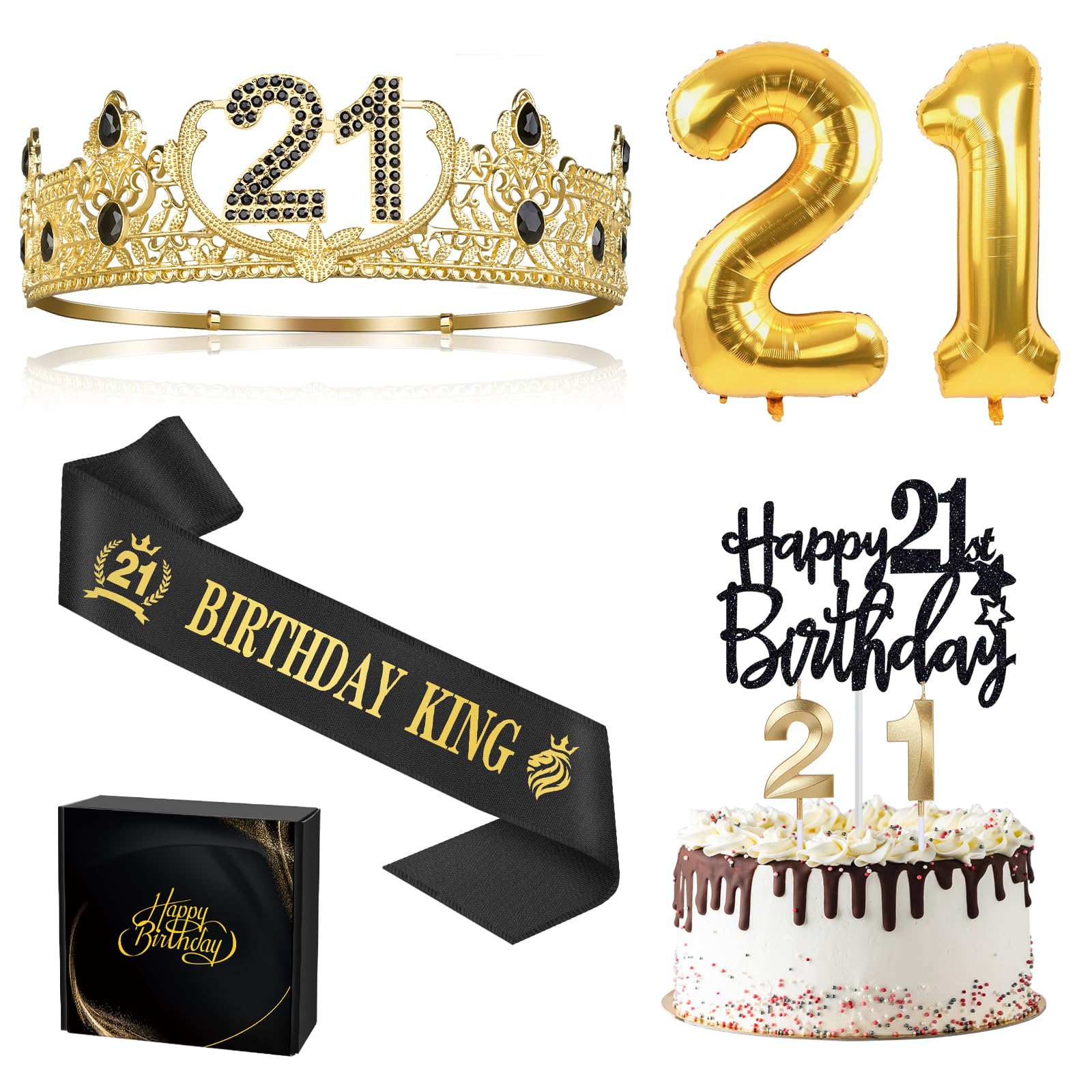 Photo 1 of 21st Birthday Gifts for Men Boys, 21st Birthday Decorations for Men, Party Decor Supplies Including King Crown & Sash & Balloons & Cake Topper & Candles