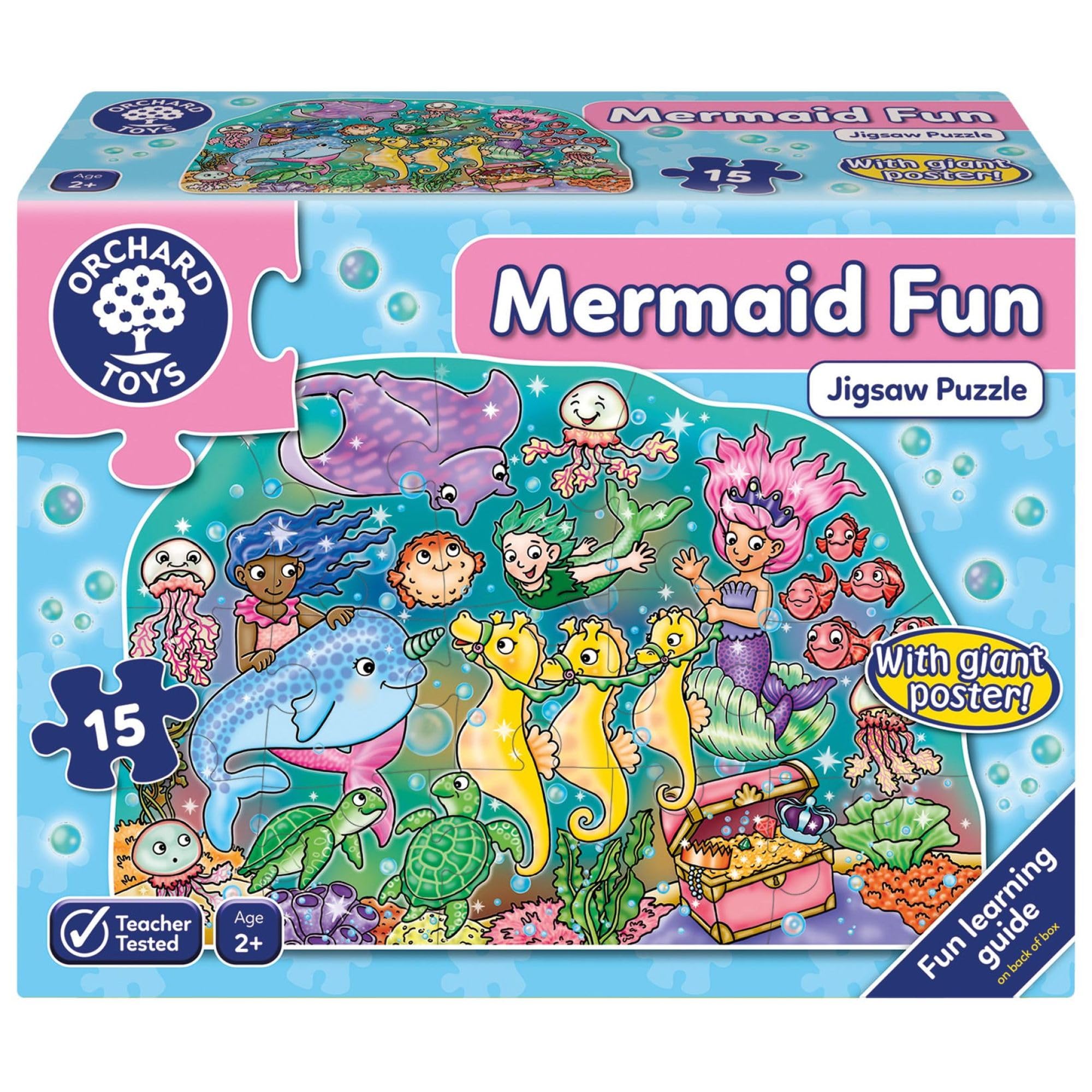 Orchard Toys Mermaid Fun Jigsaw Puzzle, 15-Piece Puzzle For Kids Ages 2+, Features Giant Poster, Develops Hand-Eye Coordination, Educational Puzzle