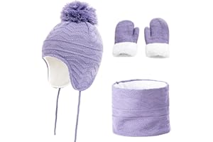 Hopsooken Winter Hats Scarf and Mittens Set for Kids Baby Girls Boys Toddler Warm Beanie Fleece Caps with Earflap