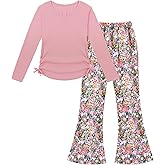 Crazyme Girls Clothes Long Sleeve Pure T-Shirt and Bell Bottom Pants 2 Pieces Fall Winter Clothes for Teen Girls 6-14