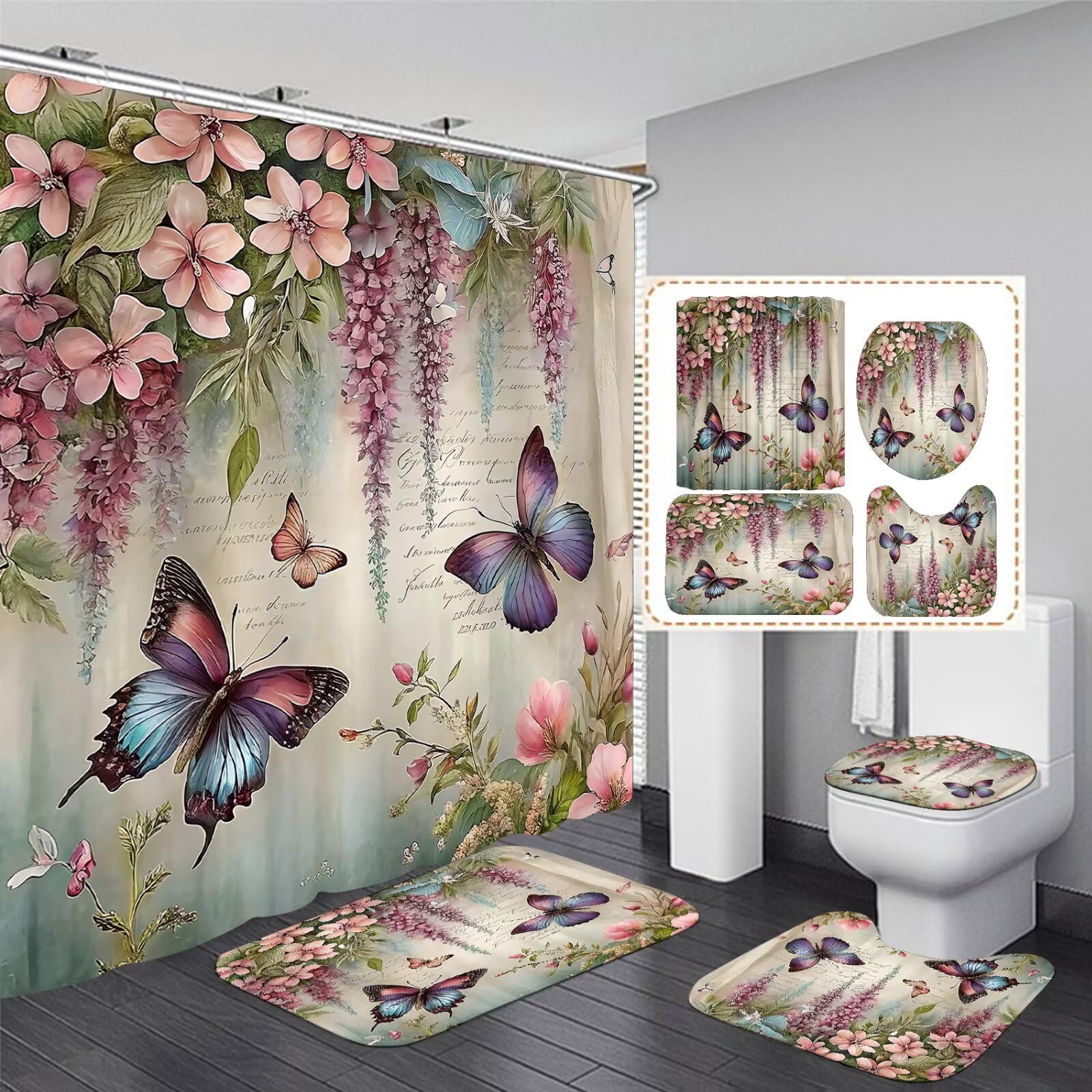 Photo 1 of ZLQQ 4Pcs Spring Themed Shower Curtain Set with Rugs Vintage Butterflies Bathroom Sets Floral Shower Curtain with 12 Hooks Bathroom Decor with Rugs Bath Accessories with Mats Toilet Lid Cover