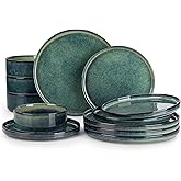 vancasso Starry Plates and Bowls Sets,12 Pieces Green Dinnerware Sets for Kitchen,Modern Stoneware Dishes Set for 4,Dishwasher and Microwave Safe
