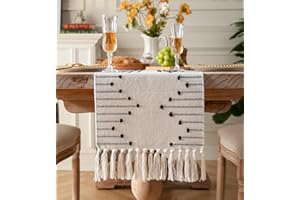 CAFLIFE Boho Table Runner 13 x 90 Inch Long Natural Cotton Woven Runner with Tassels for Home Dining Table décor, for Modern Farmhouse Decor Coffee Table Runner, Black and Beige