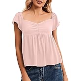 HOCANDY Womens Flowy Peplum Tank Tops Ruffle Sleeve Babydoll Tank Top Sweetheart Neck Smocked Back Short Sleeve Going Out Top Pink