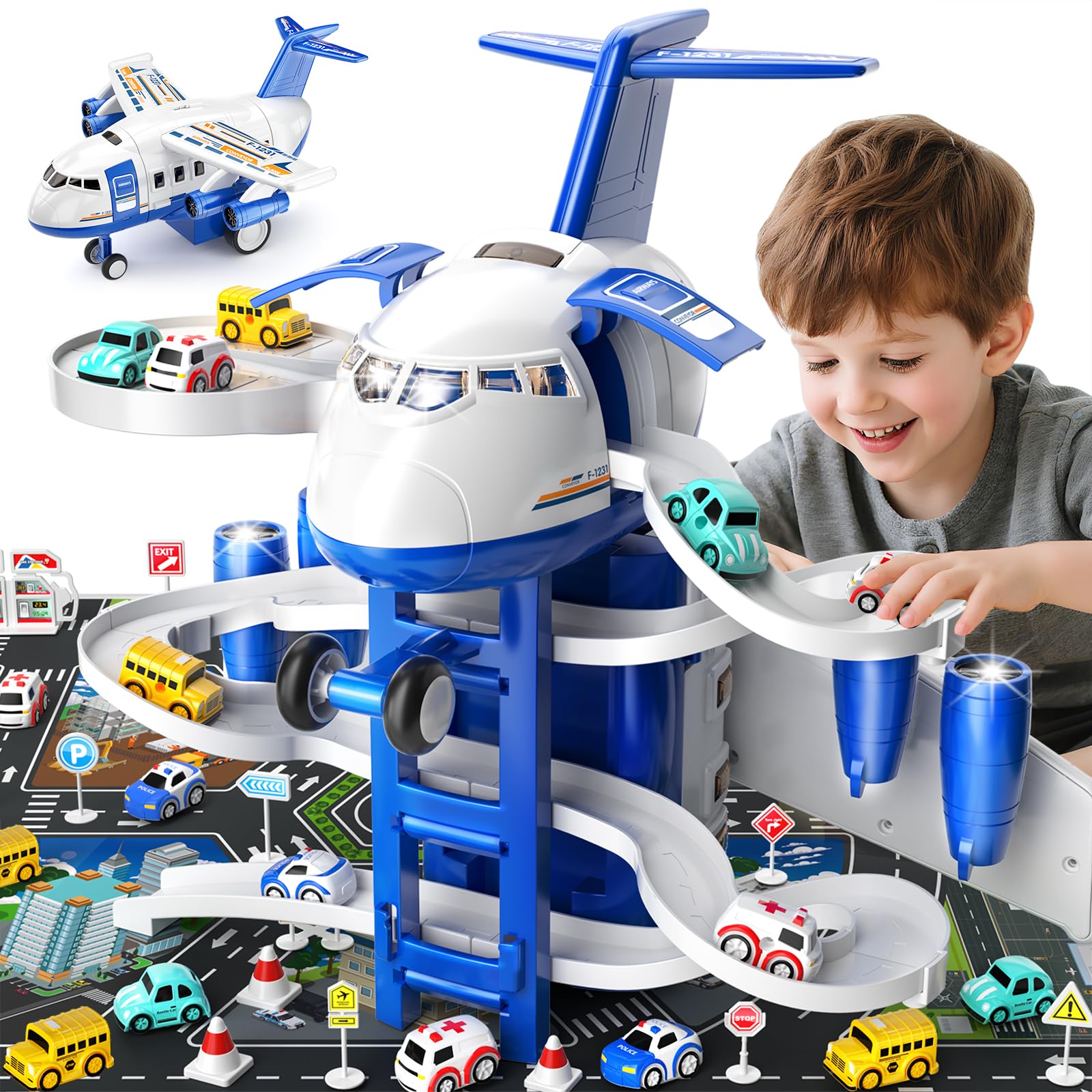 Photo 1 of MSKOLER Airplane Toys for Toddlers 2-4 - Boy Toy Car Race Tracks for Kids Ages 3-5 with 8 Small Car Toys, Toddlers Educational Toy, Birthday Gifts for Boys 3-5