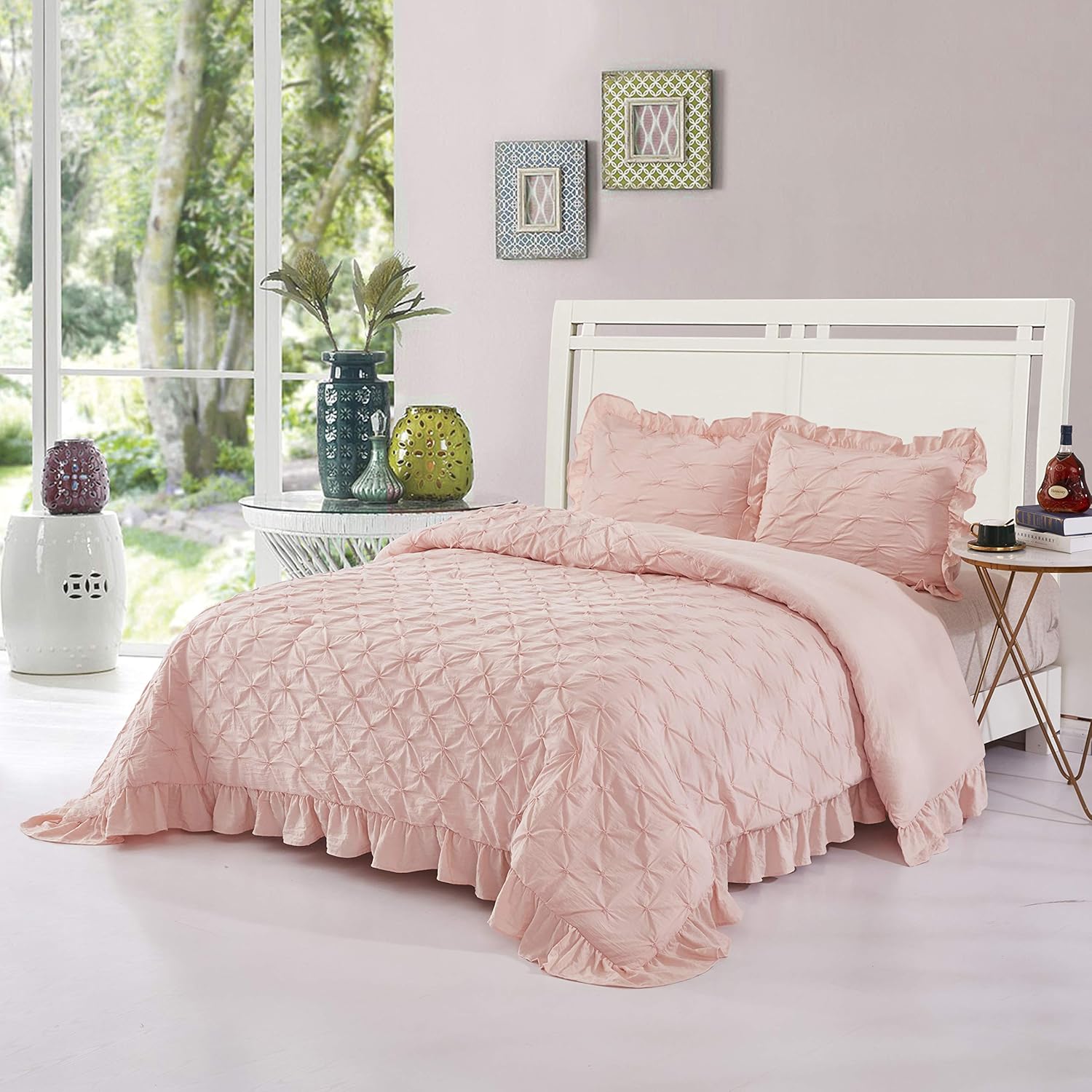 HIG Pink Lace Ruffled Comforter Set Queen - Pintuck Pinch Pleated Bedding with Shams - Super Soft, Hypoallergenic Prewashed Comforter Lightweight- Shabby Chic Farmhouse Style (Brianna-Queen, Pink)