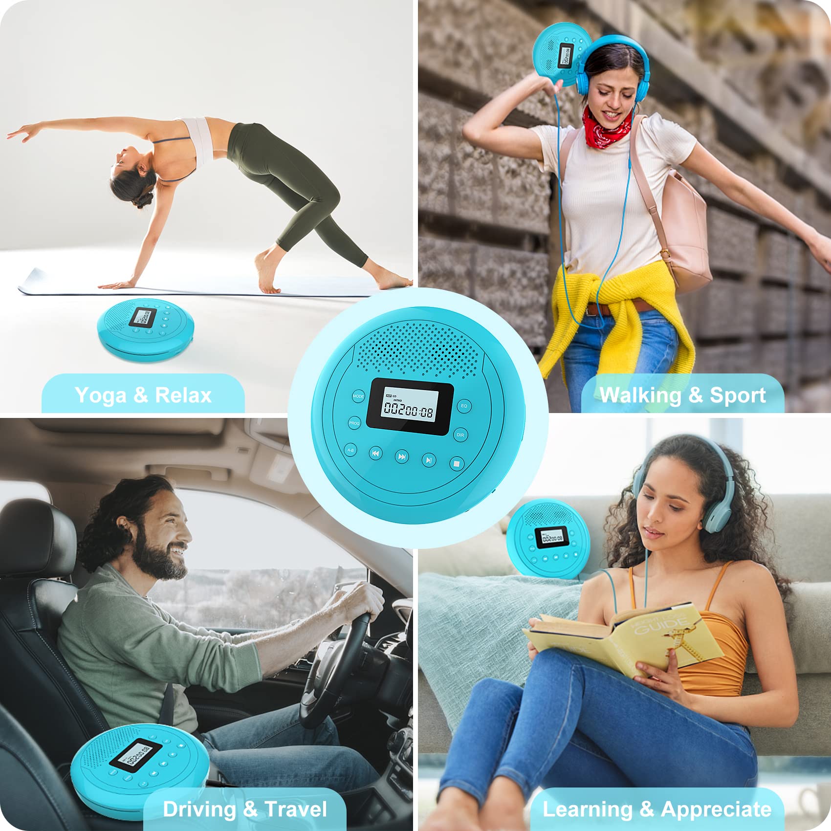 CD Player Portable | Speaker Built-in Rechargeable CD Player for Car and Home, Kids, Anti-Skip Player with Headphones(Cyan-Blue)