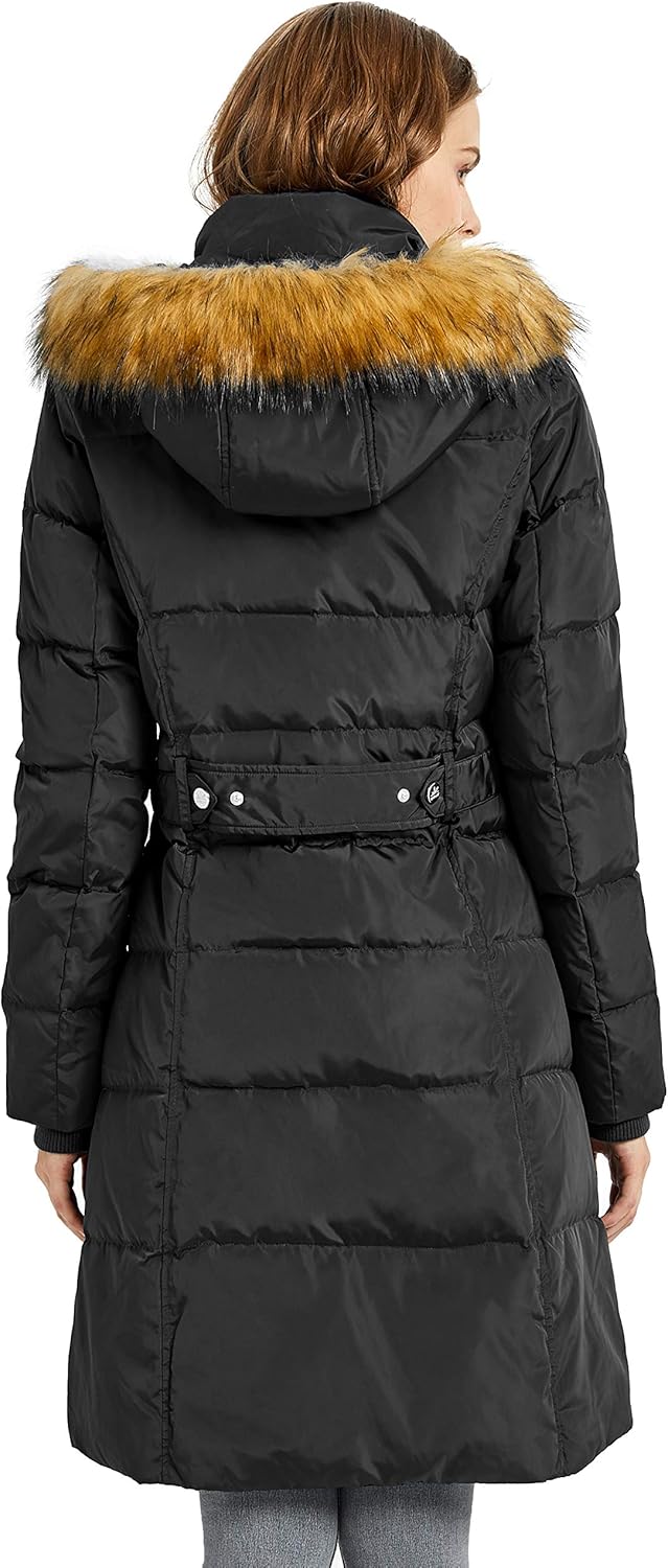 Orolay Quilted Down Jacket Women Winter Long Coat Puffer Jacket with Fur Hood: Clothing
