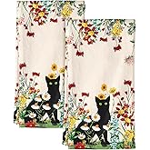 Miss Adola Flour Sack Kitchen Towels - Set of 2 Spring Dish Towels with Hanging Loop 18x26 Inch Absorbent Reusable Cotton Cloths for Cleaning Cute Design Home Decorative Housewarming, Flower Cats