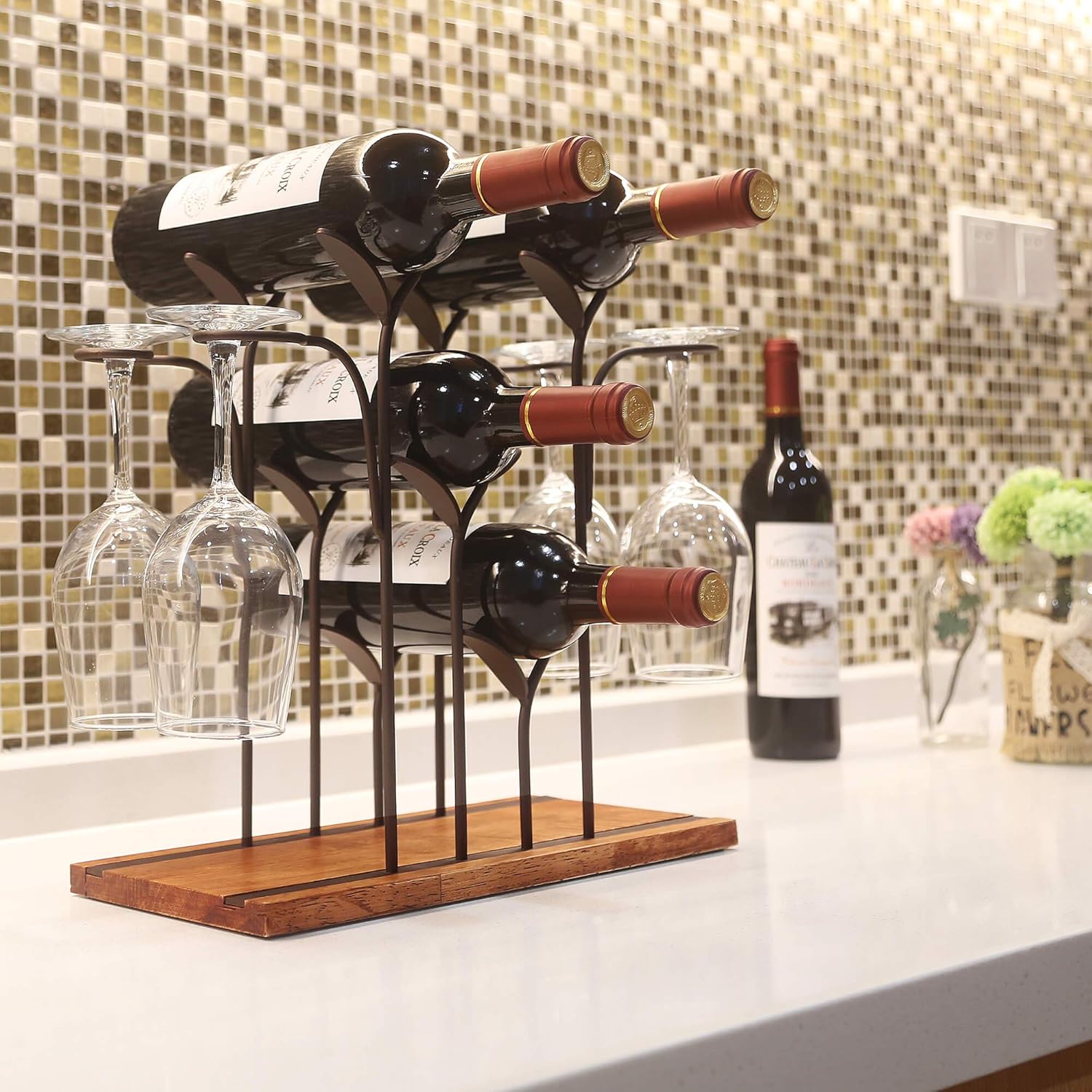 Tabletop Wine Holder Hold 4 Bottles Wine and 4 Wine Glasses Made of