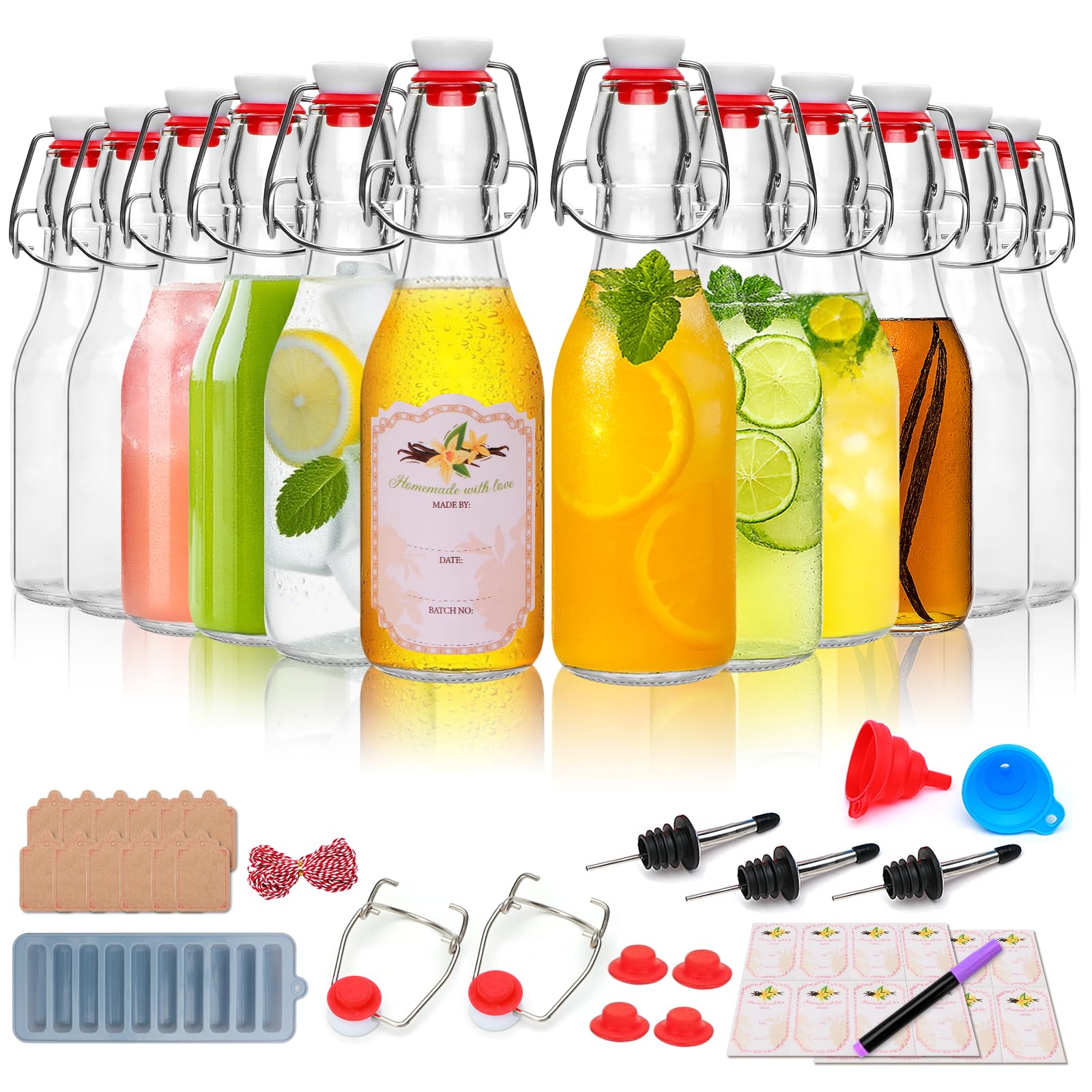 Photo 1 of 8oz Swing Top Glass Bottles - 12 Pack Flip Top Glass Bottle with Airtight Lid for Home Brewing, Fermentation, Beer, Vanilla Extract, Limoncelle, Kombucha, Kefir, Soda, Bonus Gaskets and Pourers