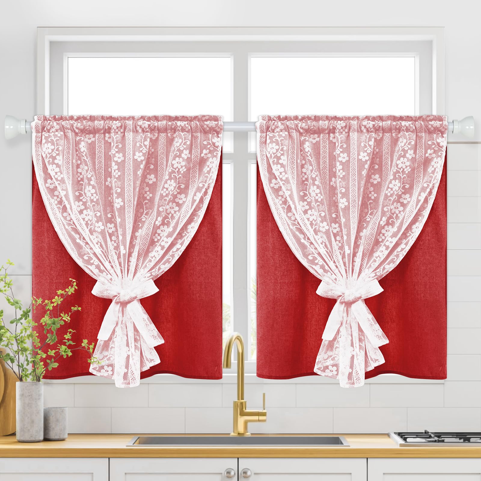 ASPMIZ Linen Kitchen Curtains Double Layers Window Curtain with Linen Lace, Farmhouse Cafe Curtain 36 Inch Length Rod Pocket, Light Filtering Bathroom Tier Curtains with 2 Tiebacks, Red