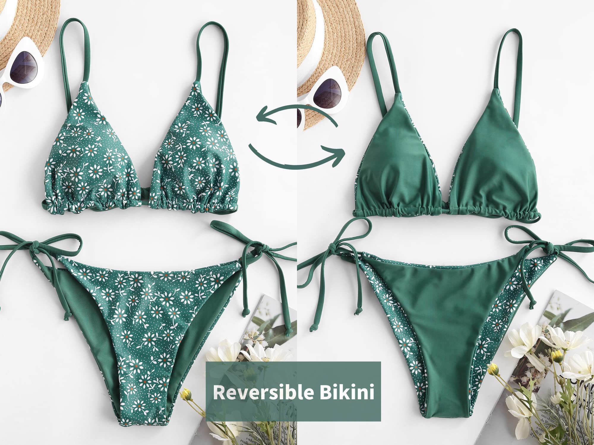 ZAFUL Women's Triangle Bikini Floral String Bikini Set Two Piece Swimsuit Bathing Suits (2-Greenish Blue, M) - Image 3