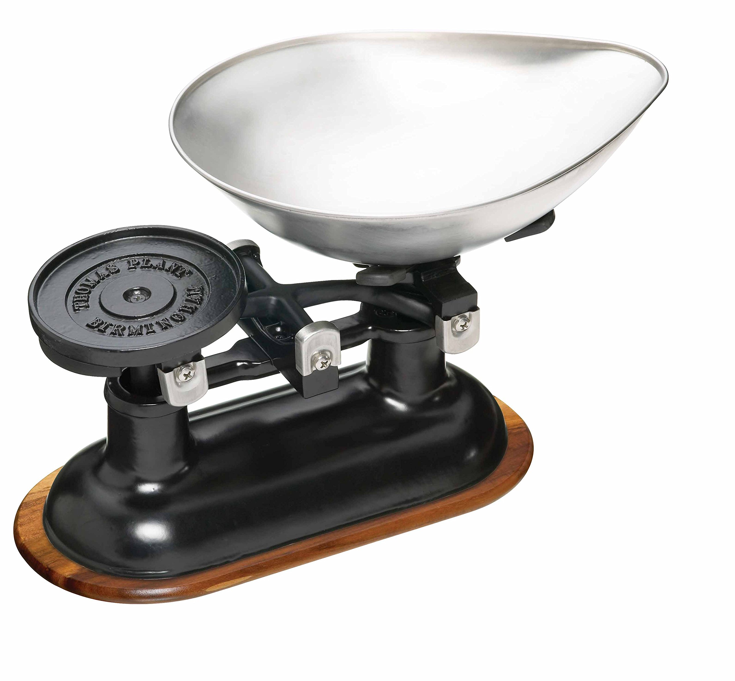 KitchenCraft Living Nostalgia Mechanical Kitchen Scale with Bowl in Gift Box, Scale made of Cast Iron with Acacia Wood Stand, Black