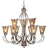 Franklin Iron Works Bronze Gold Chandelier - 9 Light, Amber Glass Shade, Bronze Gold Rustic Traditional Chandelier for Bedroo