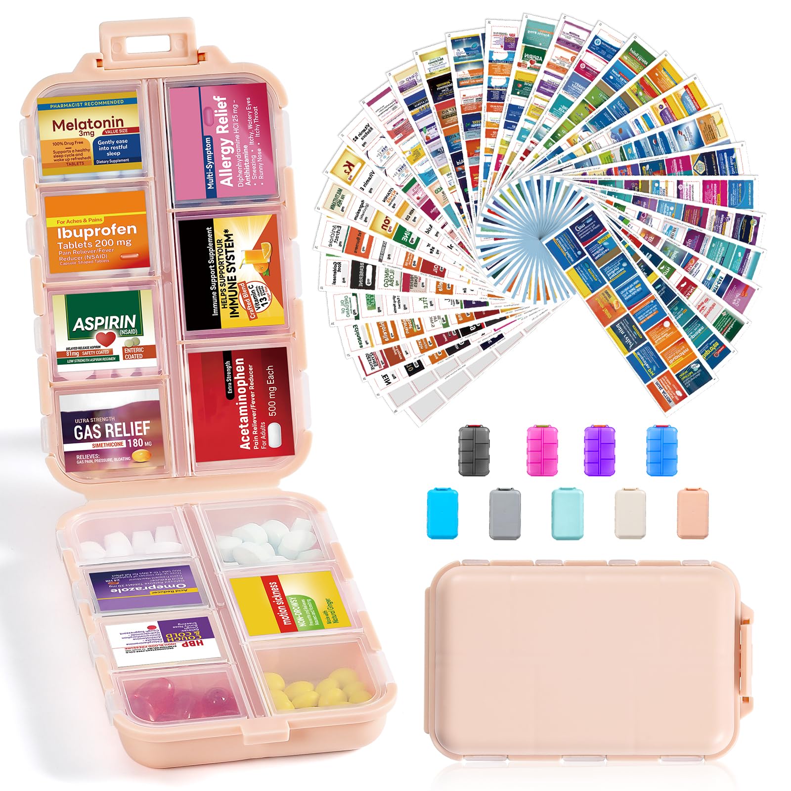 View 1 of 14 Grids Travel Pill Organizer Box with 415-Pcs Medicine Name Labels - Pocket Daily Pharmacy Case Container Kit - Travel Medication Holder Dispenser for Fish Oil Vitamin Supplement Storage - Pink