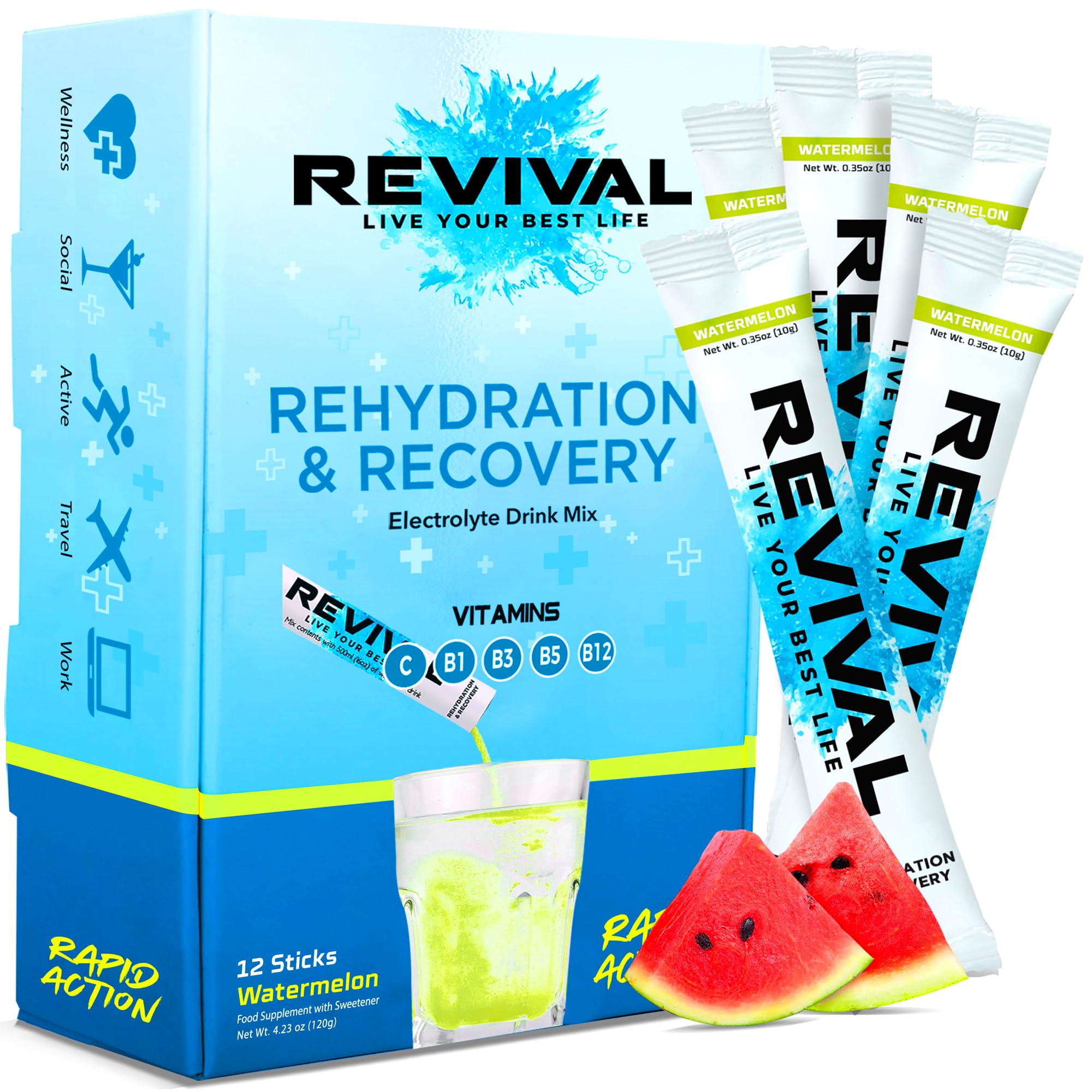Revival Rapid Rehydration Electrolytes Powder - High Strength Vitamin C, B1, B3, B5, B12 Supplement Sachet Drink, Effervescent Electrolyte Hydration Tablets 12 Pack Watermelon Flavours