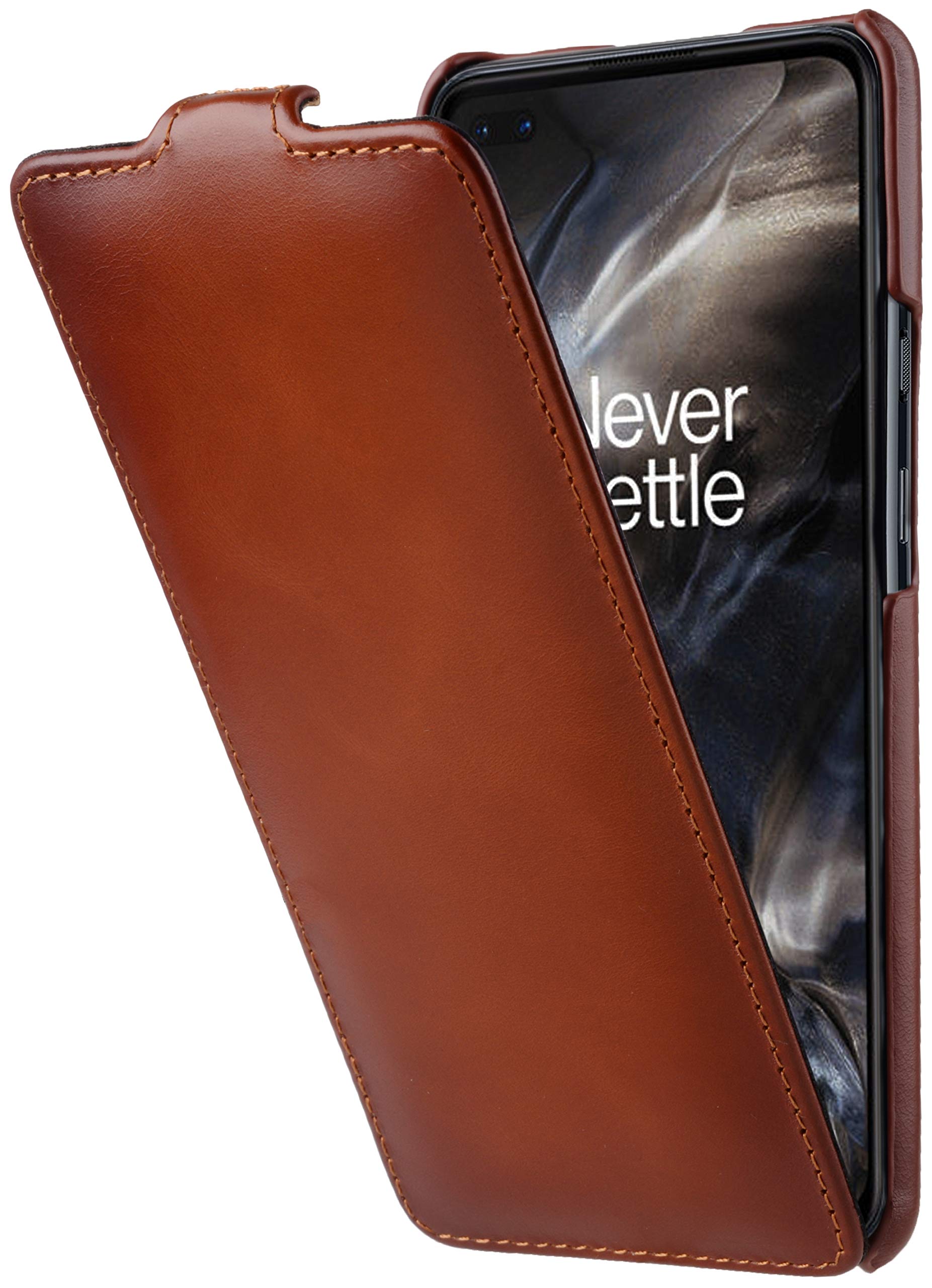 StilGut Slim Vertical Flip Case for OnePlus Nord, Genuine Leather OnePlus Nord Case, Cognac Antique
