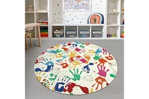 STARUIA Large Round Rug for Classroom, Nursery, Playroom, Kids Bedroom, Toy Room - 6' x 9', Handprint & Footprint Pattern, Vibrant Colors, Non-Slip Rubber Backing, Machine Washable