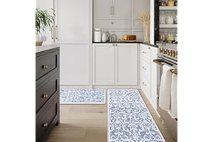 LEEVAN Kitchen Rugs Non Slip, Cushioned Kitchen Floor Mats Set of 2, Blue Anti-Fatigue Kitchen Mat Waterproof, Ergonomic Memory Foam Standing Mat for Bar, Office, Desk, Laundry