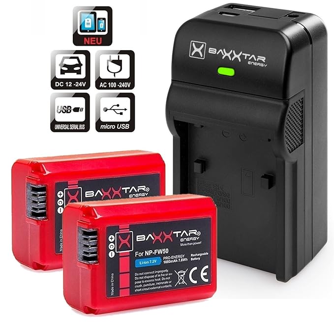 Baxxtar Razer 600 II Ladegerät 5in1-2X Ersatz für Akku Sony NP-FW50 (echte 1080mAh) DSC RX10 - Alpha 6300 6400 6500 Alpha 7 7