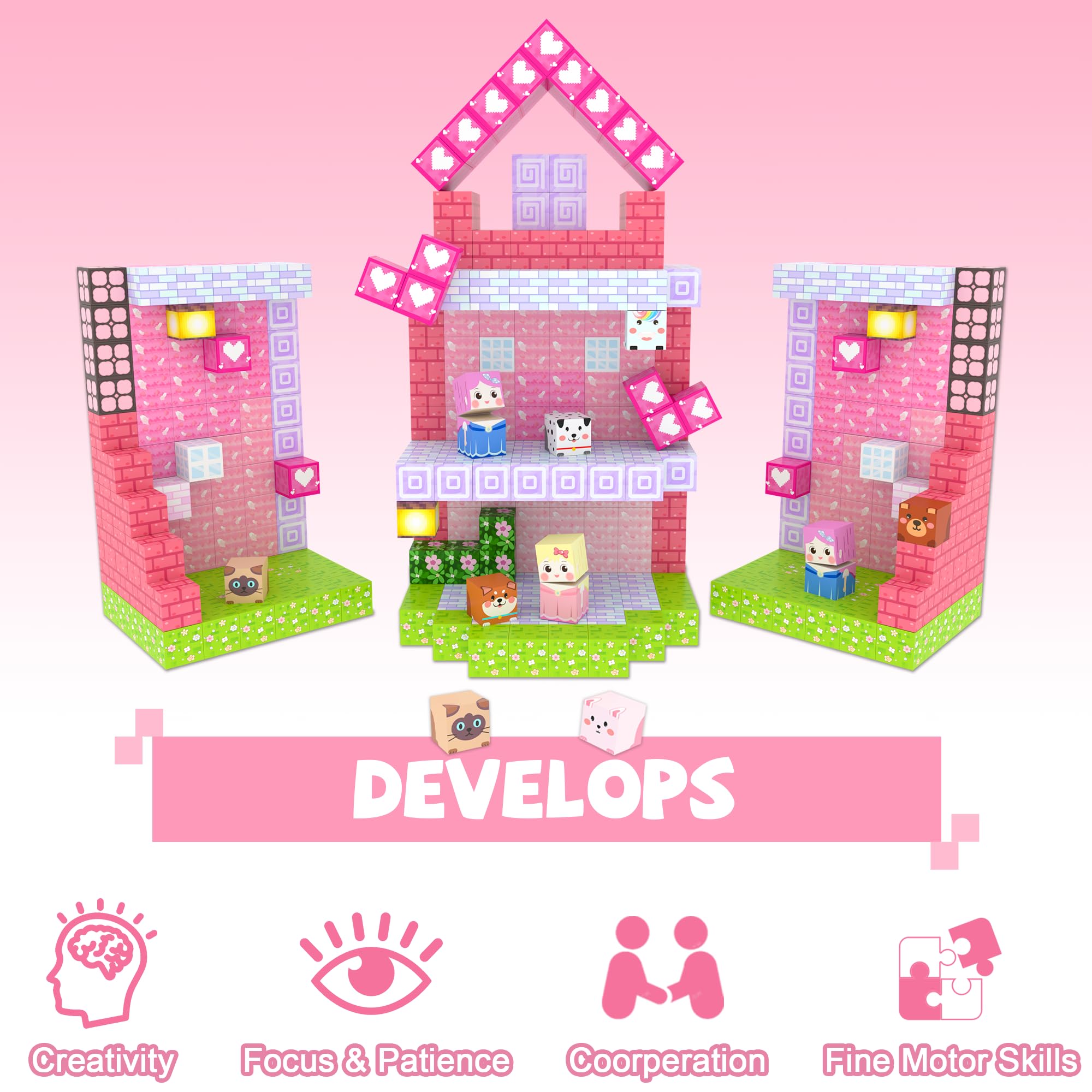 Winchoice 100PCS Magnetic Blocks Princess Building Toys for Girls 3+, Magnetic Cubes Sensory Gifts for Kids, Pink Magnet Blocks for Christmas Birthday, 1 Inch