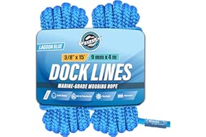 WAVESRX Premium Nylon Boat Dock Lines & Ropes for Docking & Pontoon | Double Braided Marine Rope | Boat Ropes for Docking with Loop | UV & Saltwater Resistant Dock Rope (Lagoon Blue, 3/8” x 15’)