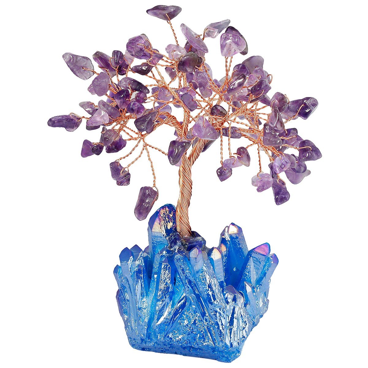 mookaitedecor Amethyst Crystal Money Tree with Blue Titanium Quartz Crystal Base, Gemstone Feng Shui Ornaments Small Bonsai Tree Amethyst Tree of Life Blue Ornament Good Luck Healing Crystal Gift