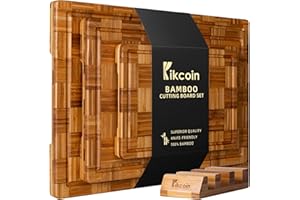 Extra Large Bamboo Cutting Boards, (Set of 3) Chopping Boards with Juice Groove Bamboo Wood Cutting Board Set Butcher Block for Kitchen, End Grain Serving Tray by Kikcoin