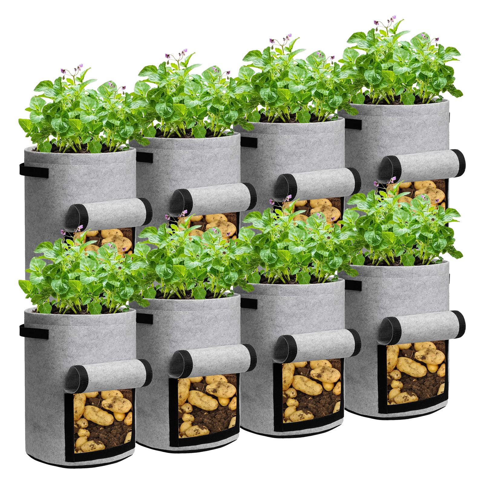 LITLANDSTAR Potato Grow Bags, 8 Pack 10 Gallon Heavy Duty Garden Grow Bags Thickened Nonwoven Fabric Pots with Window and Handles, Garden Planting Bag for Outdoor and Indoor Planting, Grey