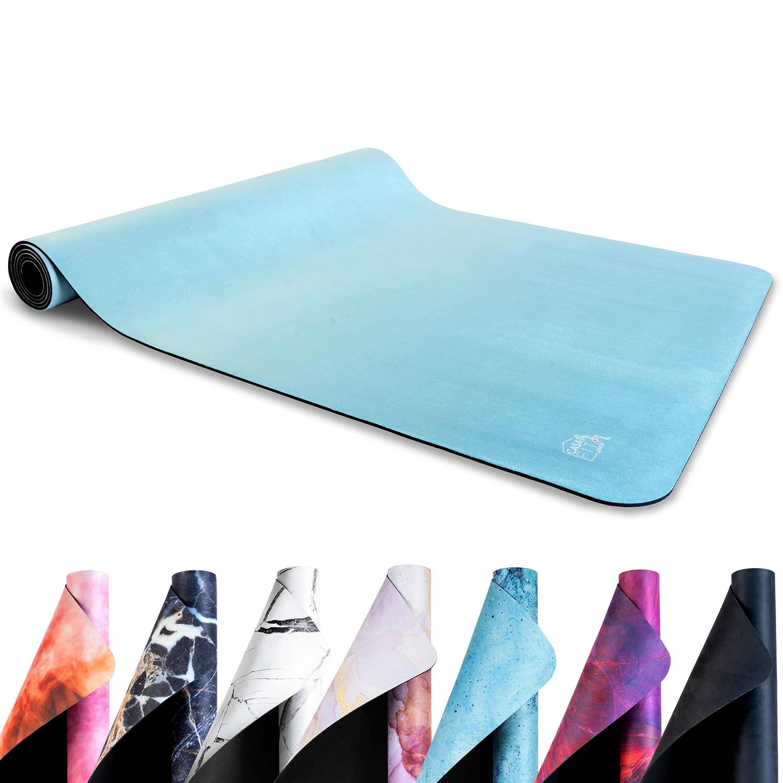 CASAFIT fitness mat, yoga mat, gymnastics mat 183cm x 68cm x 4mm made of environmentally friendly natural rubber and non-slip with design and carrying strap (Blue)