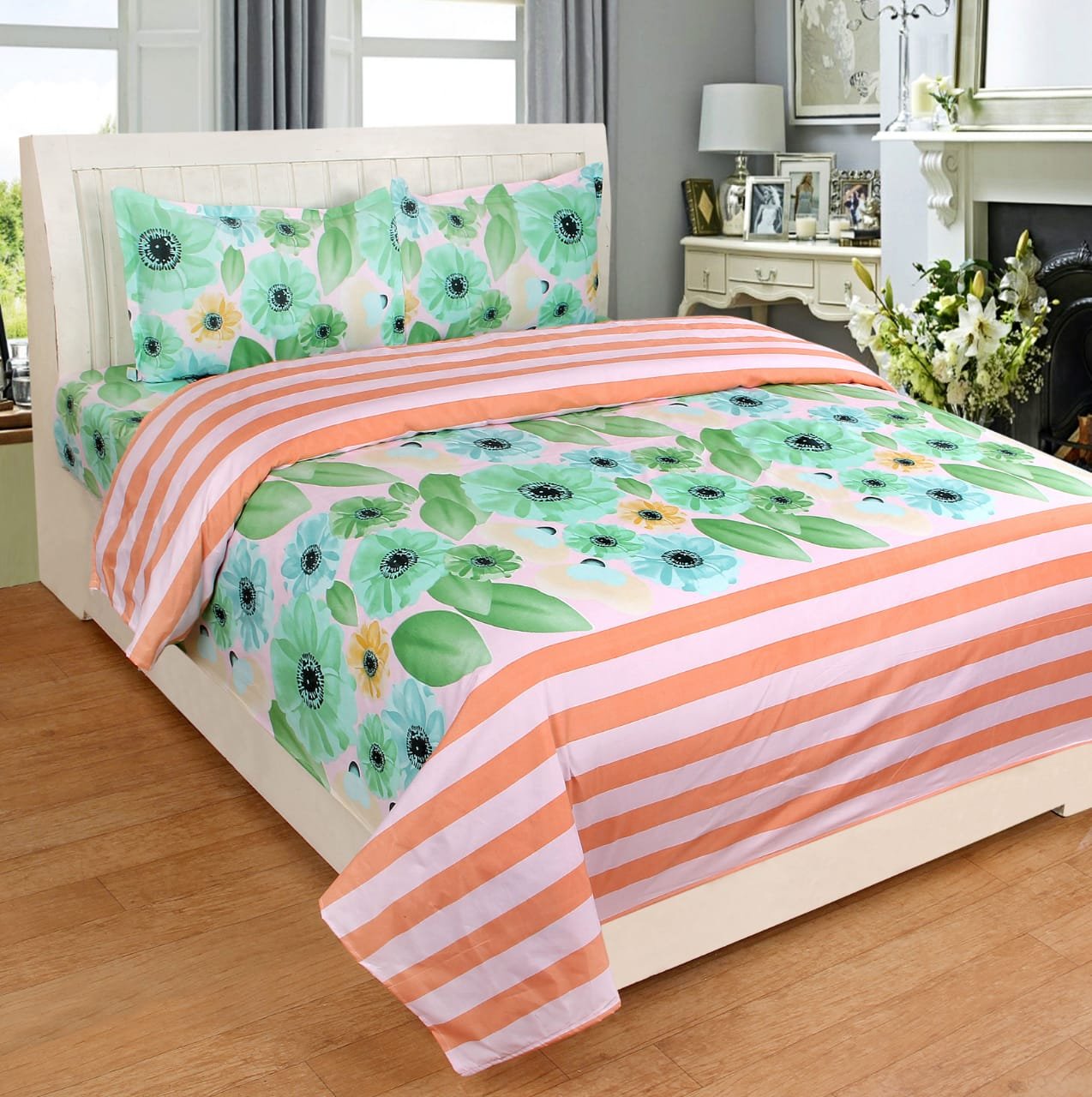 Ab Home Decor 160 Tc Cotton Queen Size Bed Sheet Double With 2 Pillow Cover King Size Green Flower Amazon In Home Kitchen