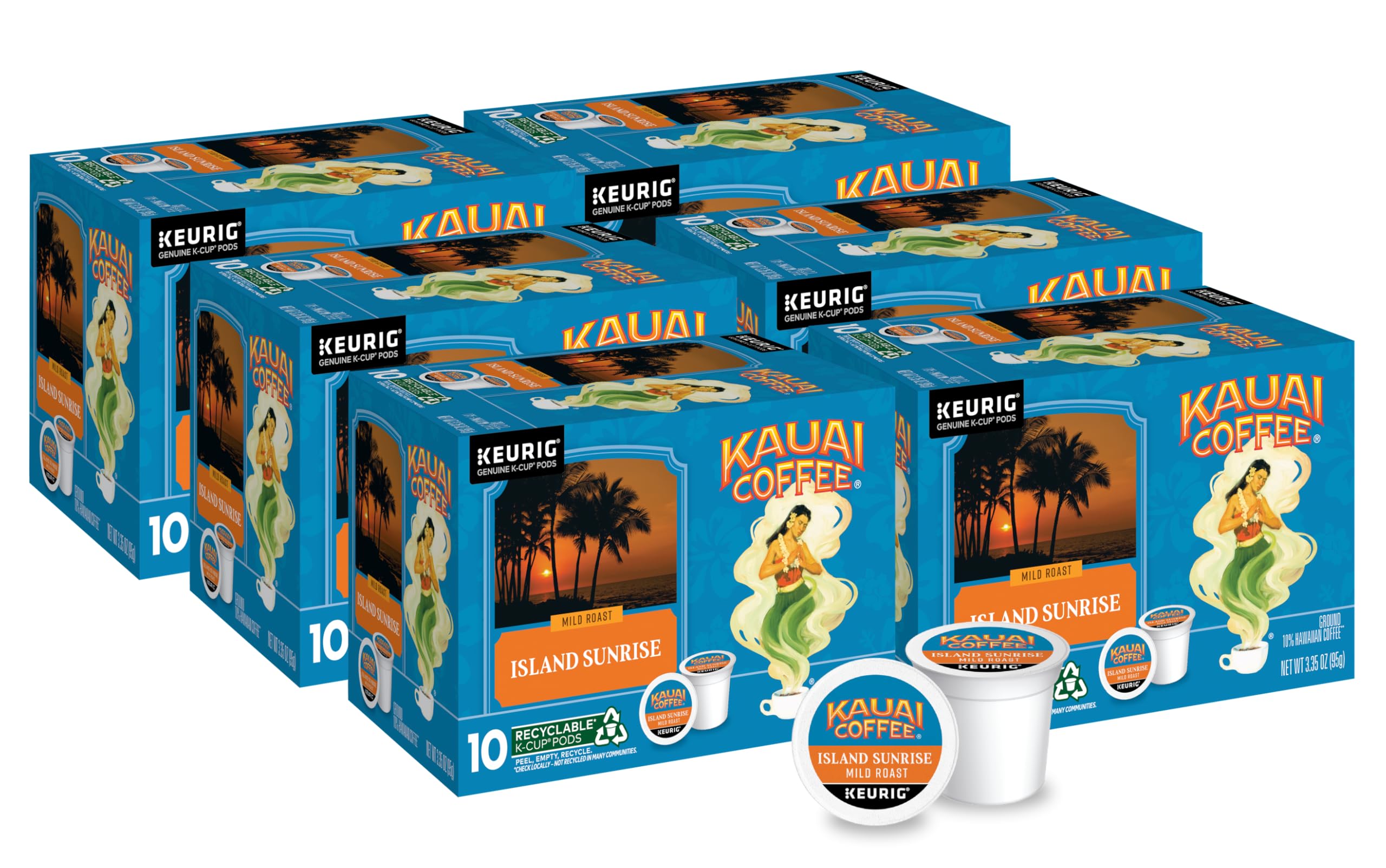 Kauai Coffee K-Cup Pods for Keurig Brewers – Arabica Coffee, 10% Hawaiian – Mild Roast, Light with Bright Aroma – Island Sunrise, 6 Packs of 10 Single Serve K-Cups Image