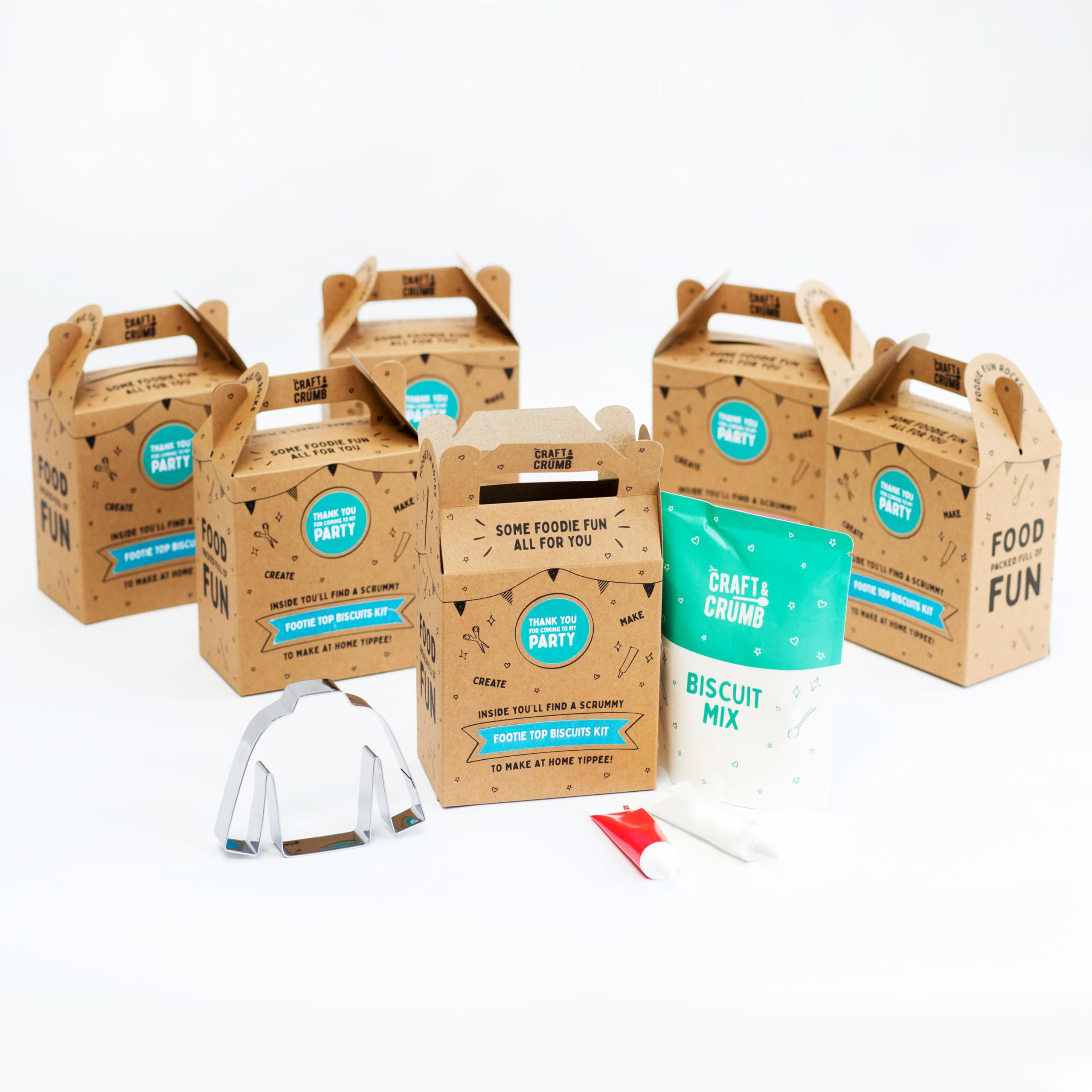 Craft & Crumb 6 x Football Shirt Biscuit Party Bags - Baking & Decorating Kit Favours for Kids - Pre-Measured Cookie Mix, Metal Cutter, RED & White Icing Pens