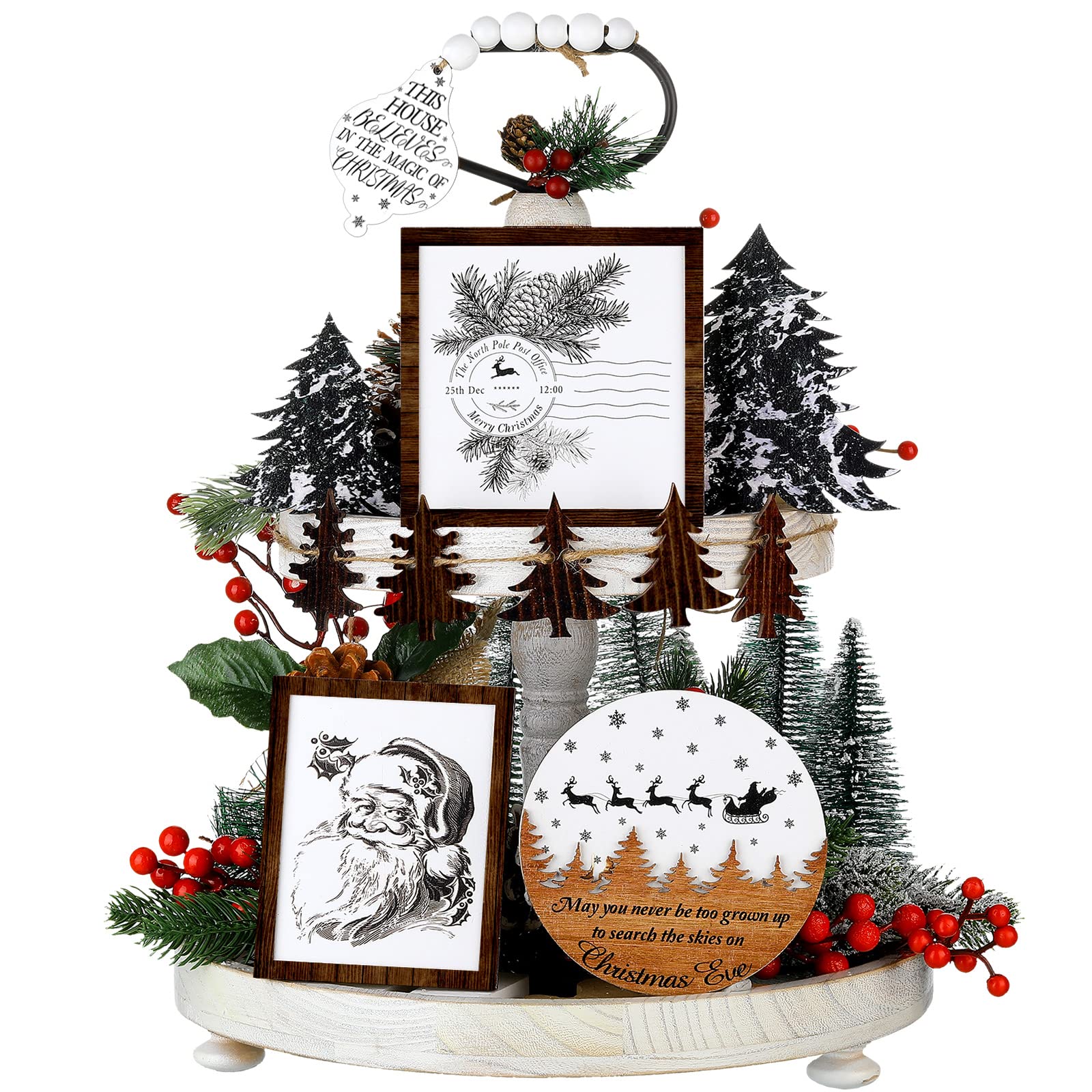 Photo 1 of 11 Pcs Christmas Tiered Tray Decor Set Wood Christmas Table Decor Farmhouse Trees Santa Claus Reindeer Pine Cone Wooden Tabletop Signs for Xmas Home Party