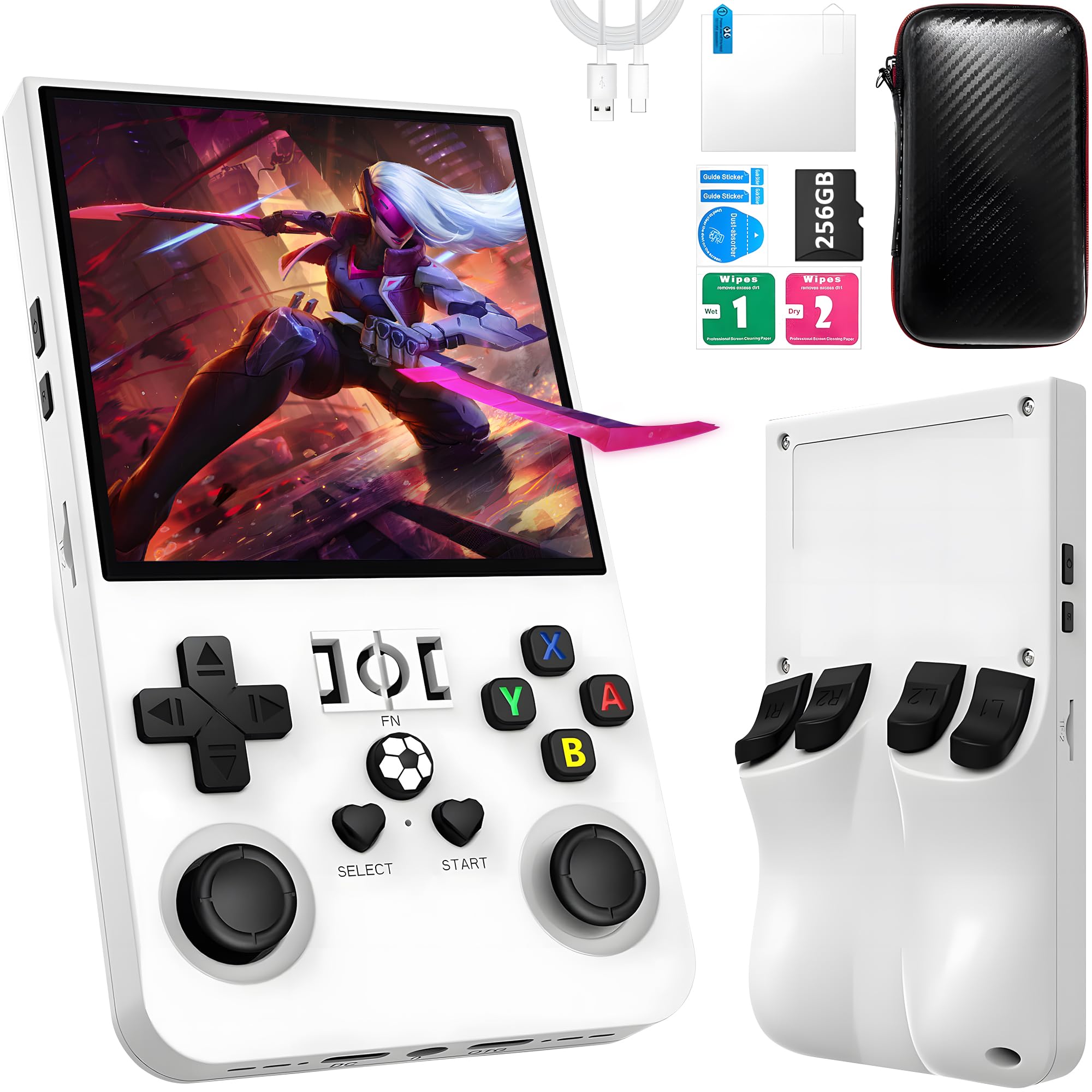 Photo 1 of R36MAX Handheld Game Console, 40000+ Games Retro Gaming Console, 256GB TF Card Mini Retro Video Console, 4000mAh Rechargeable 4.0" IPS HD Screen Portable Pocket Arcade (White)
