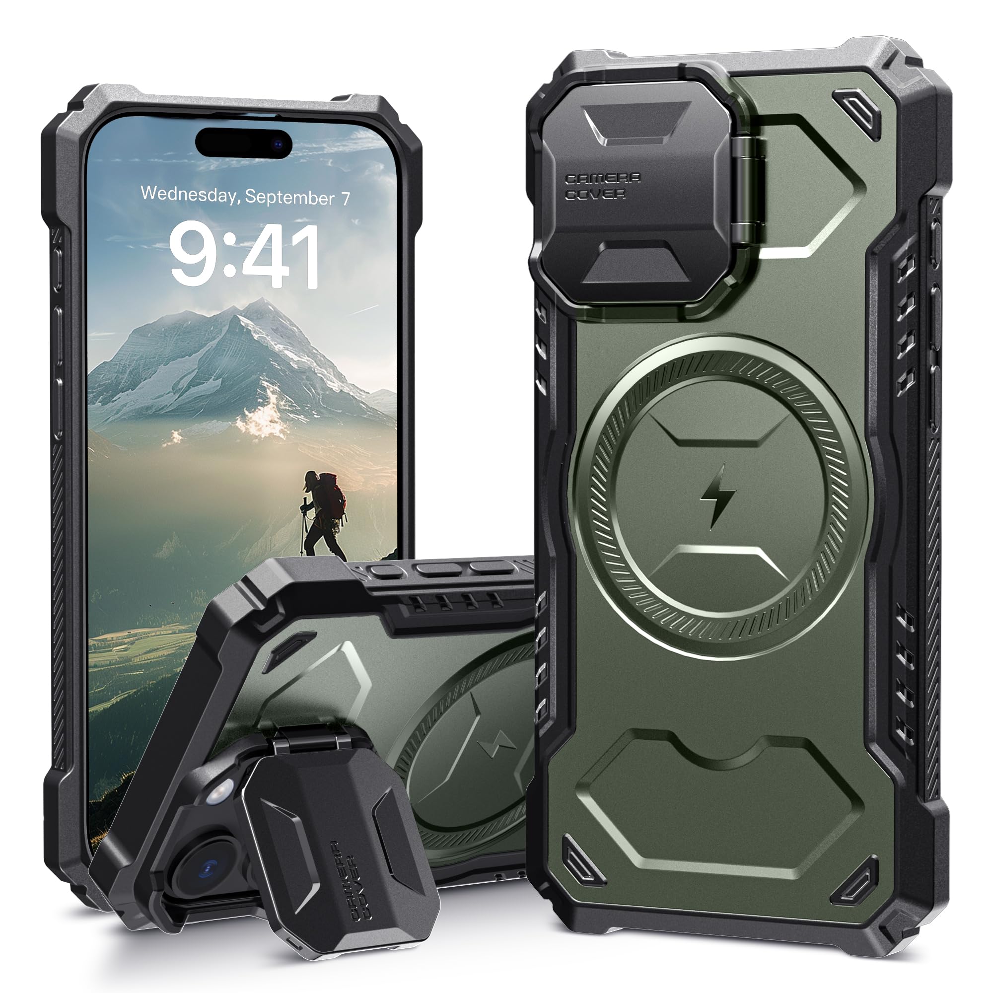 ALAFLY for iPhone 16 Pro Max Case with Camera Cover Kickstand [Compatible With MagSafe], Build-In Magnet Shockproof Protective Case, Heavy Duty Military Grade Protection, Green