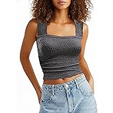 AIHUKOCY Women Square Neck Wide Strap Floral Crop Tank Top Sleeveless Lettuce Trim Solid Slim Cropped Cami Vest Tops