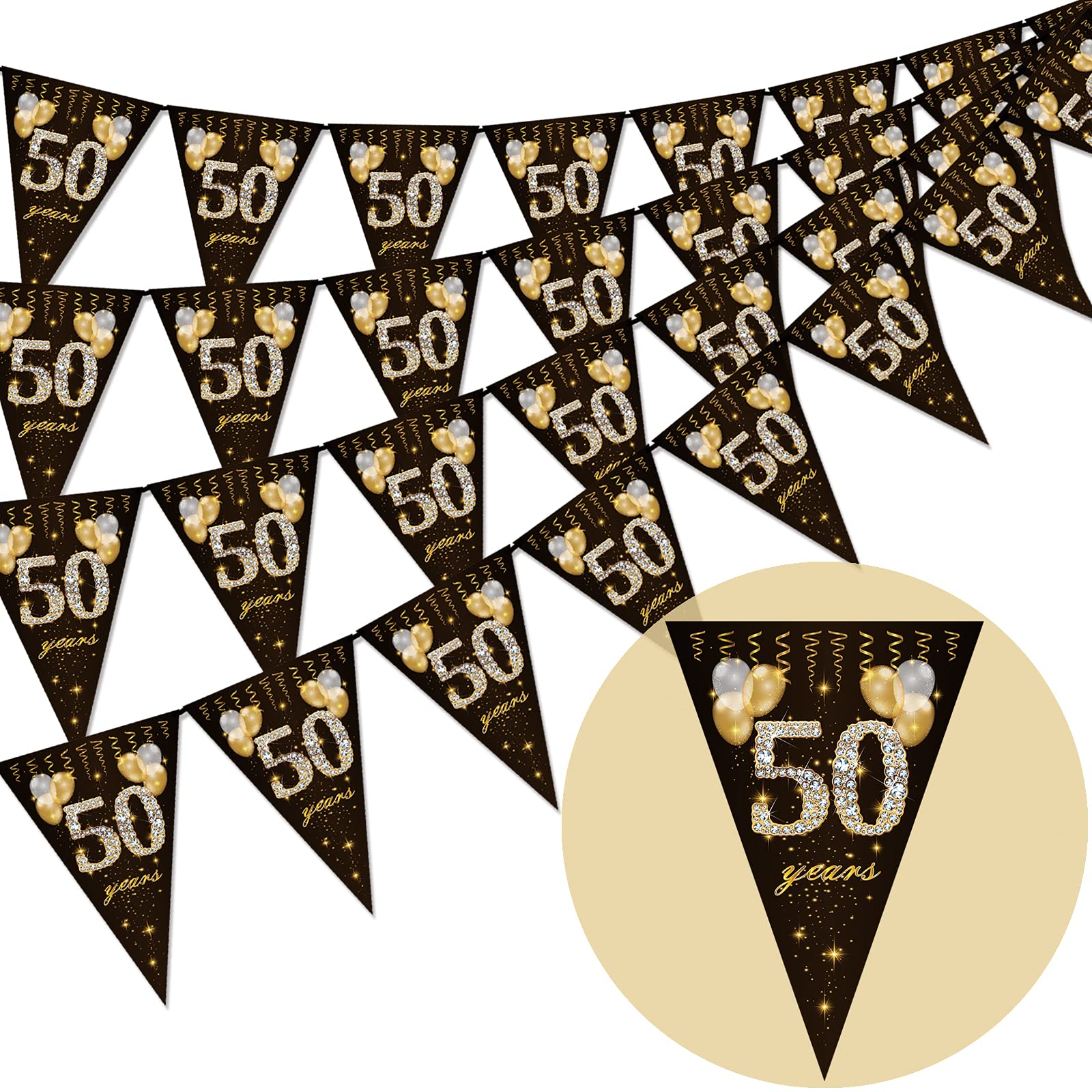 50th birthday bunting, Happy Banner Bunting Flags, 40 Pieces Triangle Gold Black Glitter Diamond by Numbers 50th Birthday Anniversary Theme Party Decoration Supplies