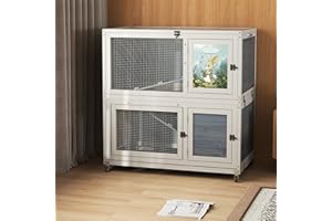 COZIWOW Weatherproof Wooden Rabbit Hutch for Indoor Outdoor Use, 2 Story Bunny Cage House with Wheels, Small Animal Shelter with Pull Out Tray, Non-Slip Ramp, Chicken Coop, Pet House Guinea