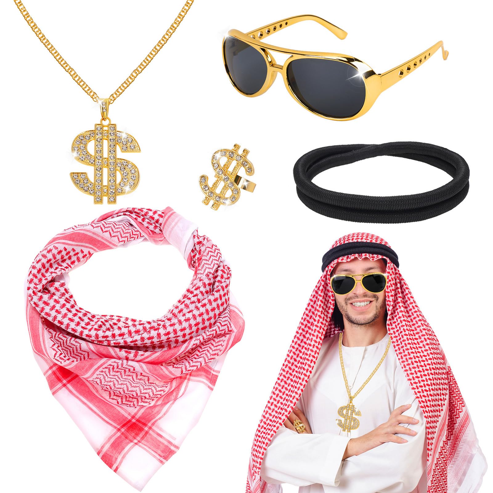 XEPST Arab Costume Set for Men - 5PCS Arabian Accessories Set with Keffiyeh Head Wrap Scarf, Arab Headband for Men's Halloween Costume Cosplay Carnival Fancy Dress Up